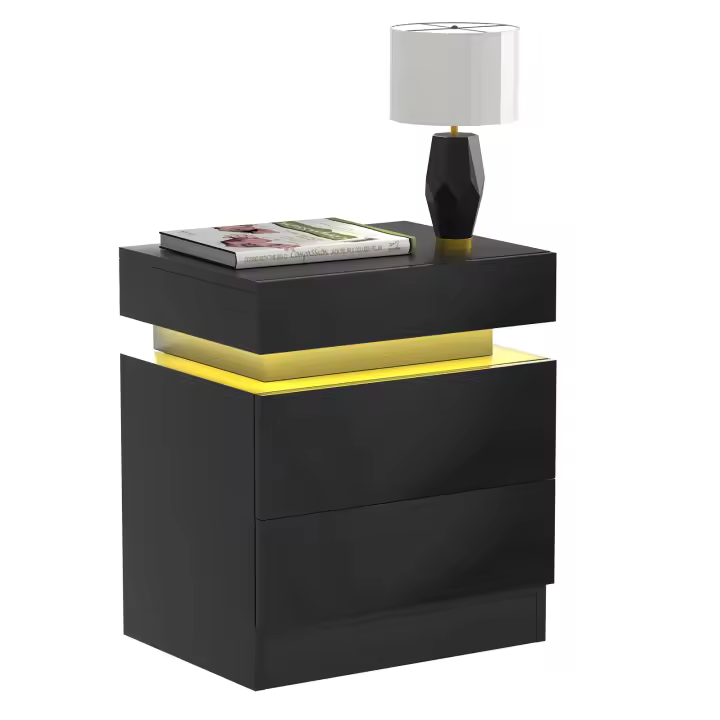 Rcynview Noche de LED 3 Cajones, Mesa Lateral, Almacenamiento Superior Madera, Rectangular, Pulido - 1