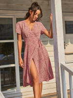 Summer floral print women boho short sleeve v neck split elegant a line party beach dress - details 2
