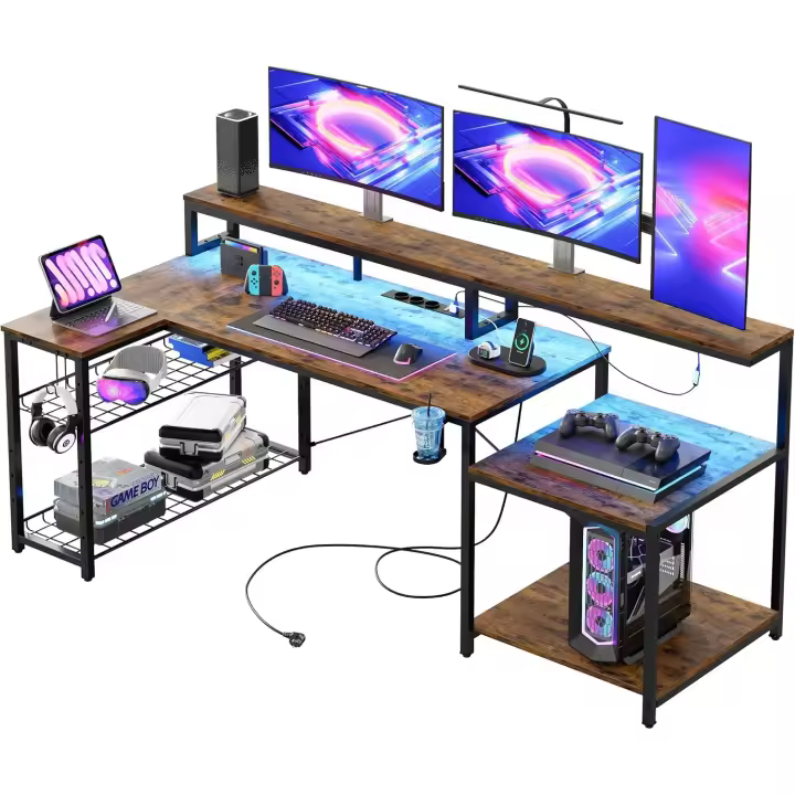 Gaming con Luces LED, Mesa Gaming para PC con 3 Tomas AC y 2 Puertos de Carga USB, - 1