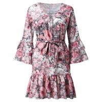 Elegante Vestido de Fiesta Impreso para Damas Cuello en V, Manga Corta con Volantes, Corte A-línea, Dulce y Elegante de Verano - details 5