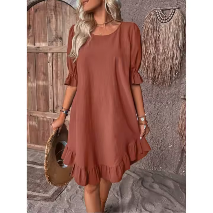 Vestido Retro de Lino y Algodón para Mujer Primavera-Verano Cuello Redondo, Manga Media, Color Sólido, Vestido Suelto con Flecos - 1