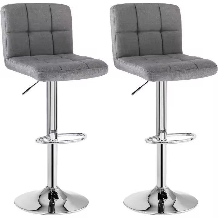 Taburetes de bar juego de 2, sillas de bar regulables en altura con superficie de lino, taburete de cocina giratorio en 360 °   con Respaldo y Reposapiés, Acero Cromado, Gris LJB14G - 1