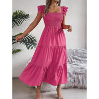 Elegante vestido largo de verano para mujer en color liso con escote cuadrado y aros decorativos, sin mangas, corte ajustado. - details 5