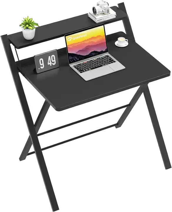Escritorio Plegable con Estante del Monitor, Escritorio de Oficina deTamaño Pequeño sin Montaje, Escritorio Pequeño para Espacio Pequeño, Café expreso - 1
