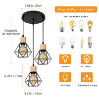 Goeco-Lámpara Colgante Vintage, Luz de Techo, Diseño Retro de Madera y Hierro, 3 luces, Diseño Industrial - details 0