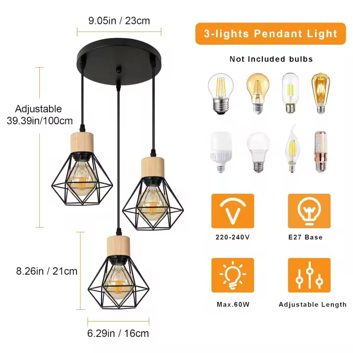 Goeco-Lámpara Colgante Vintage, Luz de Techo, Diseño Retro de Madera y Hierro, 3 luces, Diseño Industrial - 1