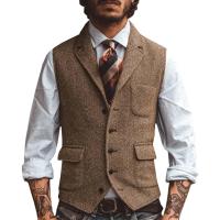 Chaleco de hombre, chaleco de negocios en espiga marrón, chaqueta informal ajustada para boda, novio, banquete, chaleco. - details 1