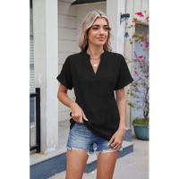 BUNO-2025 Blusas informales para mujer, camisas holgadas de manga corta con cuello de pico de Jacquard bordado a la moda, Tops elegantes de colores sólidos para verano - details 29