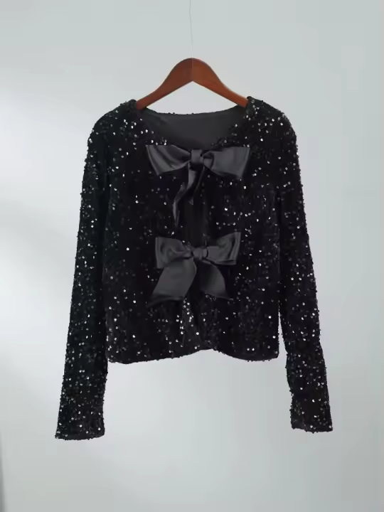 Chaqueta de encaje y lentejuelas para mujer, mangas largas sexys combinadas con color morado, elegante, adecuada para fiestas - 1