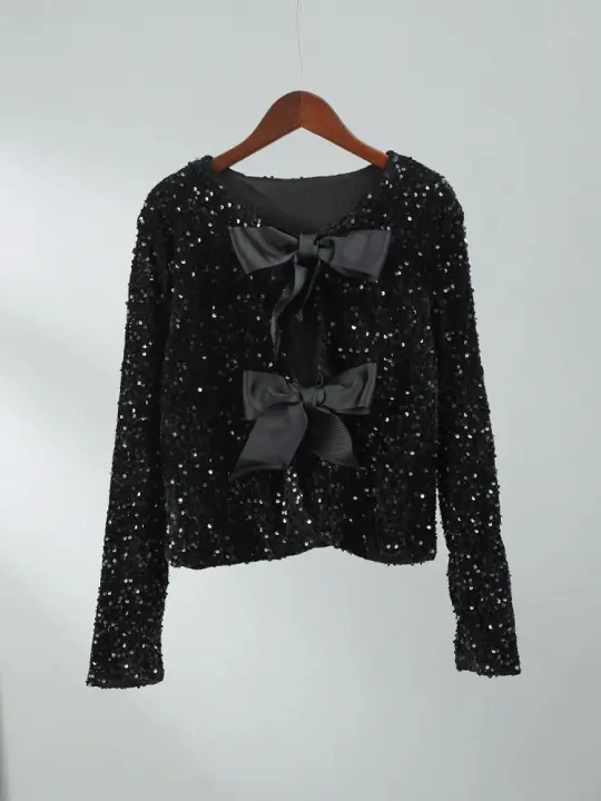 Chaqueta de encaje y lentejuelas para mujer, mangas largas sexys combinadas con color morado, elegante, adecuada para fiestas - 1
