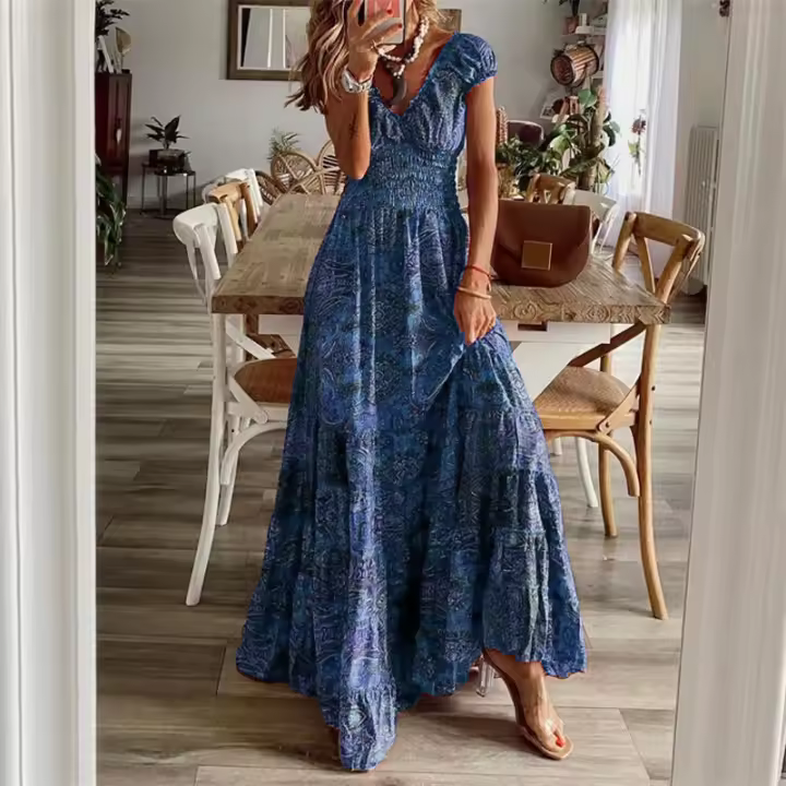 Vestido bohemio elegante con cuello en V, cerrado cintura, floral, gran tamaño - 1