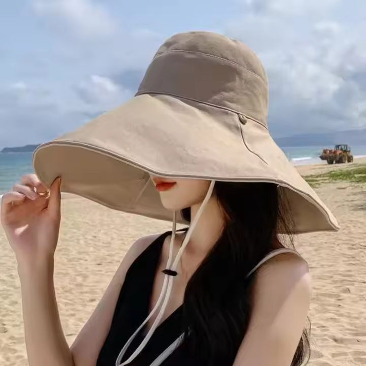 Sombrero de sol con protección solar de ala ancha Simple, protección UV de Color sólido, sombrero de pescador para mujer, viseras de doble cara, sombrero de cubo para senderismo al aire libre - 1