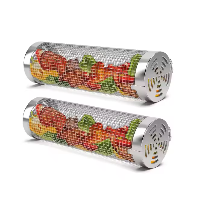 Juego de 2 Estanteles Portátiles para Barbacoa con Ruedas Rejilla, Jaula, Accesorios de Camping, Acero Inoxidable - 1