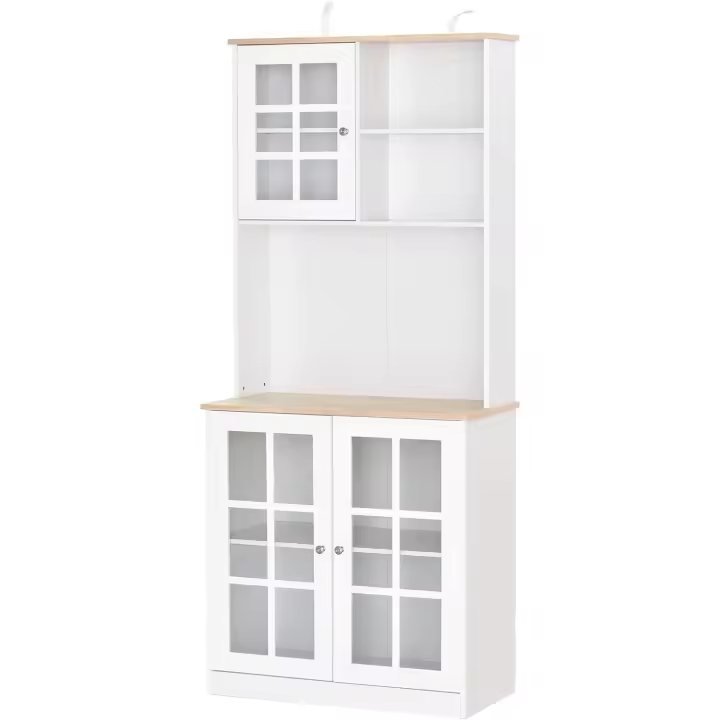 Alacena de cocina, despensa, armario de cocina con estantes y puertas de vidrio para pequeños electrodomésticos y aparador para comedor, sala de estar, 80x37x183 cm, blanco - 1