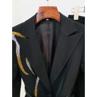 Traje de pantalón de talla grande con cuentas de diamantes para mujeres, pantalón acampanado, blazer corto con cinturón, conjunt - details 4