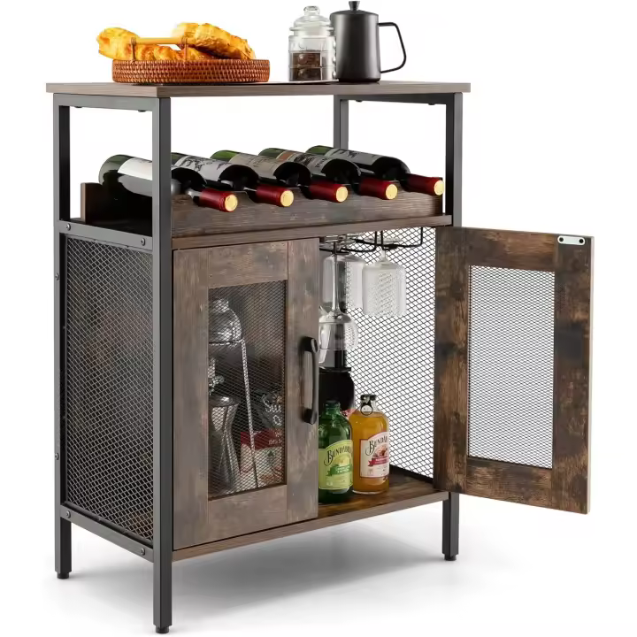 cocina con botellero extraíble y 6 soportes de cristal, aparador con puertas de rejilla de metal industrial - 1