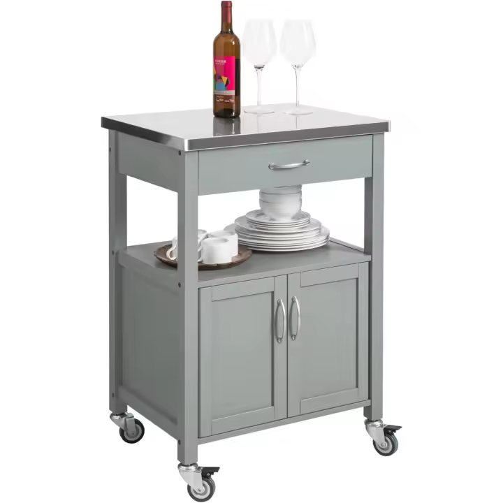 Carrito de Cocina con Ruedas Camarera con Tablero de Acero Inoxidable 60 x 92 x 44 cm ES (Gris) - 1
