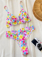 Conjunto de Bikini con estampado Floral para mujer, traje de baño con cuello de pico y cuello Halter, cintura alta, 2024 - details 1