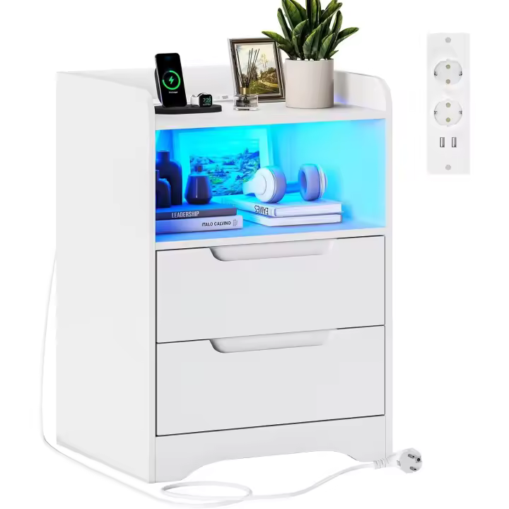 Mesa de Noche Blanca con Luces LED y Carga Diseño Moderno Blanco para Dormitorio, Salón, Estudio - 1