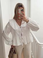 Camisa informal lisa con cordones para mujer, blusa de oficina que combina con todo, cuello redondo, dobladillo con volantes - details 2