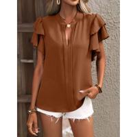 Jersey Elegante De Color Rojo Rosa Para Mujer, Blusa Informal Con Cuello En V Y Mangas Con Volantes De Doble Capa, Top De Color Sólido - details 4