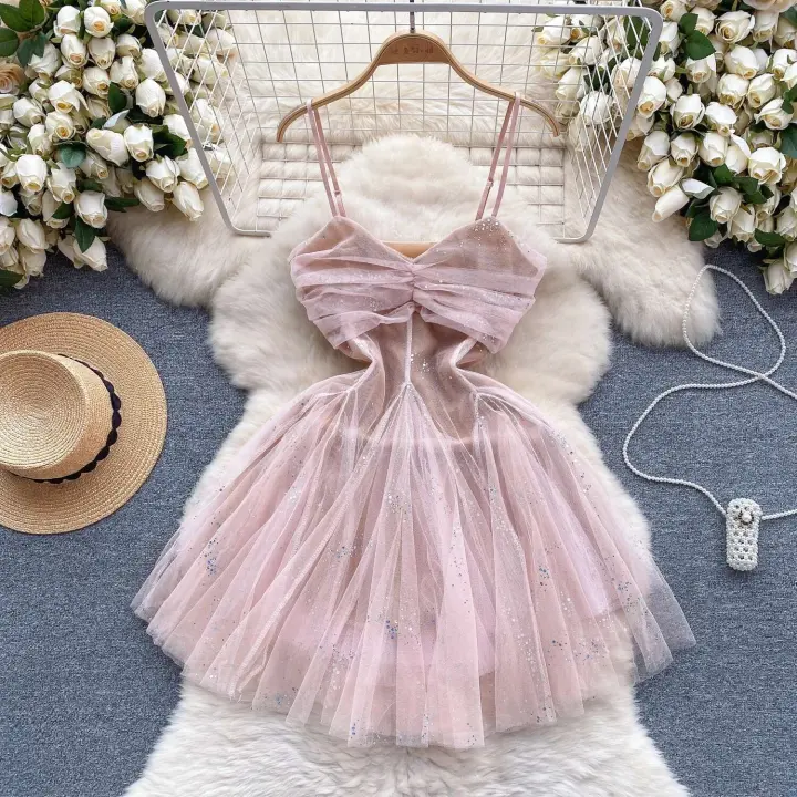 Vestido ceremonial A-e de mujer de cintura alta informal sin mangas plisado de malla retro - 1