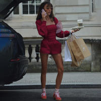 BUNO-Conjunto básico conciso de 3 piezas para Mujer, camisetas sin mangas envueltas en el pecho Hipster, Tops cortos de manga larga y pantalones cortos de cintura elástica, chándales para Mujer - details 16