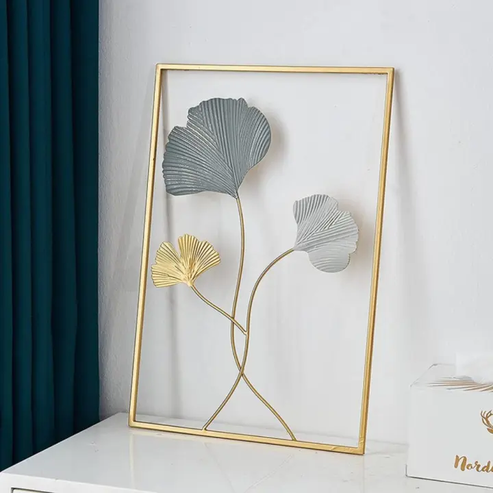 Decoración de pared nórdica para el hogar, colgante de pared de macramé, Metal redondo dorado, hoja de Ginkgo, pegatinas de pared, decoración decorativa de repisas de pared - 1