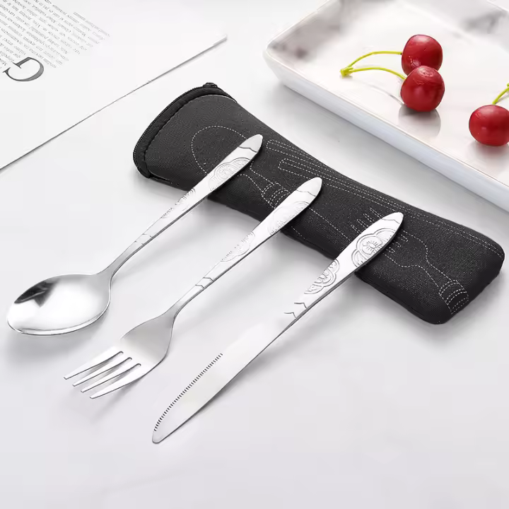 Juego de cubiertos de acero inoxidable portátil con estuche de transporte, cuchillo para carne, tenedor, cuchara, villa familiar para acampar, estuche de 3 piezas, cuchillo, tenedor, cuchara, villa, - 1