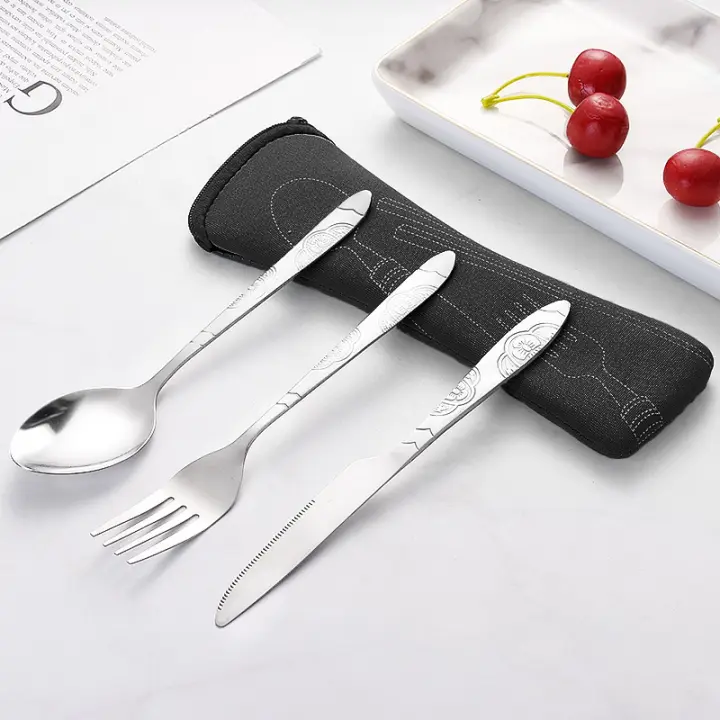 Juego de cubiertos de acero inoxidable portátil con estuche de transporte, cuchillo para carne, tenedor, cuchara, villa familiar para acampar, estuche de 3 piezas, cuchillo, tenedor, cuchara, villa, - 1