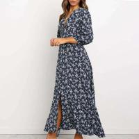 2025 nuevo Vintage mujeres vestido largo de gasa ral estampado linterna manga A-e Maxi Vestidos otoño elegante cuello en V Vestidos de invierno - details 7