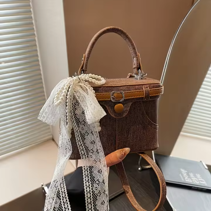 Bolsa Denim Vintage Azul Bolsa de Mano Cruciente de Alta Calidad Opción Marrón y Azul - 1