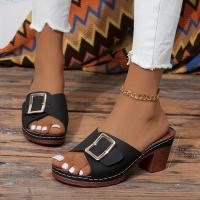 Sandalias de moda de color sólido para mujer, con hebilla, cinturón, informales, tacón grueso, diapositivas versátiles de verano - details 9