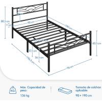 Cama Individual con Espacio Bajo Marco Metal Altura 32 cm Cama Individual con Cabecera para Colchón de 90 x 190 cm Blanco - details 55