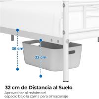 Cama Individual con Espacio Bajo Marco Metal Altura 32 cm Cama Individual con Cabecera para Colchón de 90 x 190 cm Blanco - details 25
