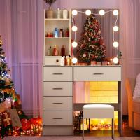 LED, tocador con espejo para maquillaje, 3 colores con brillo ajustable, mesa cosméticos con estantes ajustables, 6 cajones (131 x 80 x 36 cm) - details 2