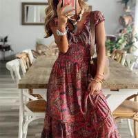 Vestido largo para mujer talla S-3XL estilo bohemio europeo y americano nuevo con cintura ajustada estampado floral vestido con dobladillo grande - details 2