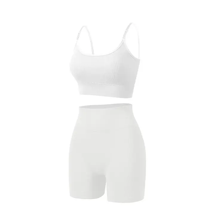 y pantalones cortos de cintura alta Conjunto de sujetador deportivo de color sólido para mujer para correr, entrenar, fitness - 1