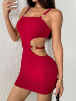 Vestido rojo jujube de mujer falda corta hueca en la cintura - details 5