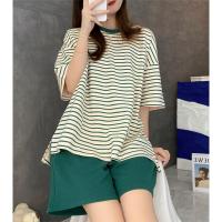 Conjunto De Pijamas Para Mujer Talla Grande Con Almohadilla Verano Estilo Coreano Moda Holgada Y Casual Verde Estampado Rayado Homewear - details 5
