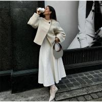 Elegante Abrigo de Lana Sólida para Mujer Cuello Redondo, Manga Larga, Ajuste Suelto, Moda de Ciudad Urbana de Otoño 2024 - details 7