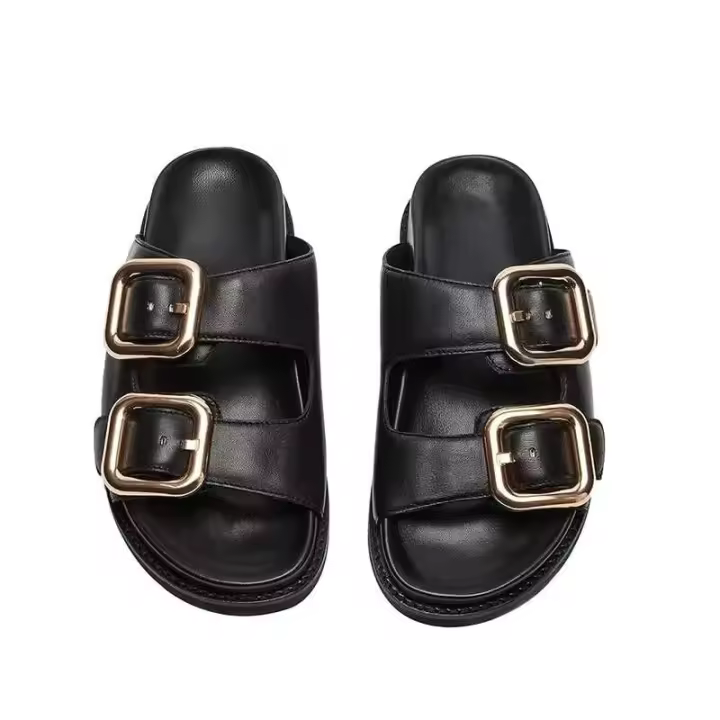 Sandalias planas de mujer de estilo superventas con suela gruesa y correa de doble hebilla, zapatillas suaves en primavera de talla grande - 1