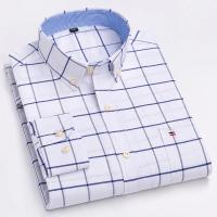 Camisa a cuadros con botones de manga larga 100% algodón para hombre, camisas Oxford a rayas a cuadros con un solo bolsillo en el pecho para trabajo, informales, de ajuste estándar - details 12