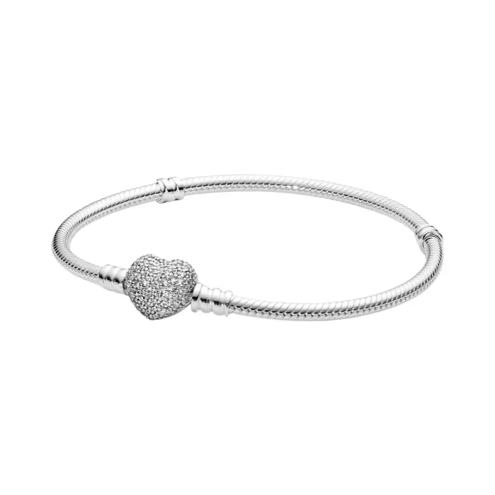 Pandora Moments Pulsera de plata de ley 925 con cierre de corazón pavimentado de rosas, regalos para mujer - 1