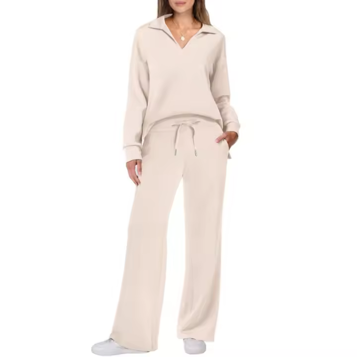 Traje deportivo informal para mujer, sudadera de manga larga con cuello en V, pantalones de pierna ancha, conjunto de 2 piezas para otoño e invierno, 2025 - 1