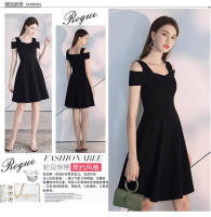 Vestido de verano estilo Hpburn de cintura delgada en negro con cinturón adelgazante y mangas cortas - details 1