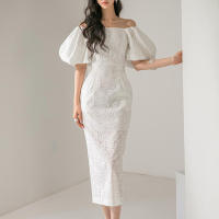 BGTEEVER-vestido ceñido con manga abombada para mujer, prenda elegante con abertura en la cadera, cuello de barco, cintura ajustada, Verano - details 2