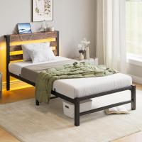 Marco de cama doble con estación de carga y luces LED, plataforma de metal resistente, marco de cama doble de 135 x 190 cm con cabecero de madera con almacenamiento, no necesita - details 11
