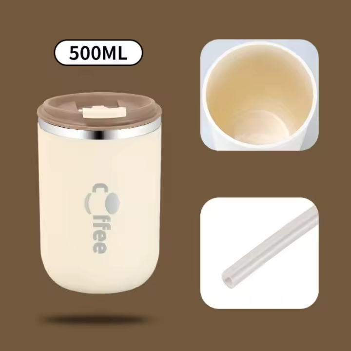 Taza aislada de doble pared portátil a prueba de fugas con pajita, botella de agua de acero inoxidable con tapa, taza de café de viaje - 1