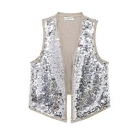 Zevity Top de Chaleco Retro Casual para Mujeres Escalera de Lentejuelas de Diseño de Parches de Moda Europea con Decote en V - details 2